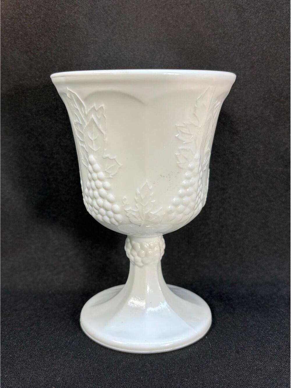 127 - vintage milk glass goblet in Harvest Grape pattern Indiana Glass Company